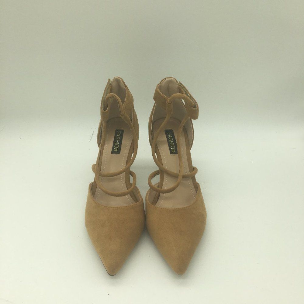 Brown Pointed Toe Pumps Mid Heel Ankle Strap Slip On Office Dress Shoe